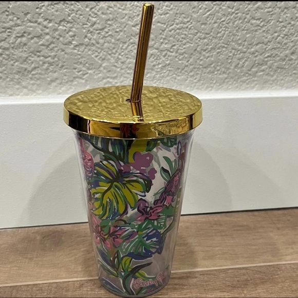 Lilly Pulitzer Travel Tumbler 16oz Gold Lid & Straw Mermaid In The Shade Floral - Picture 10 of 13